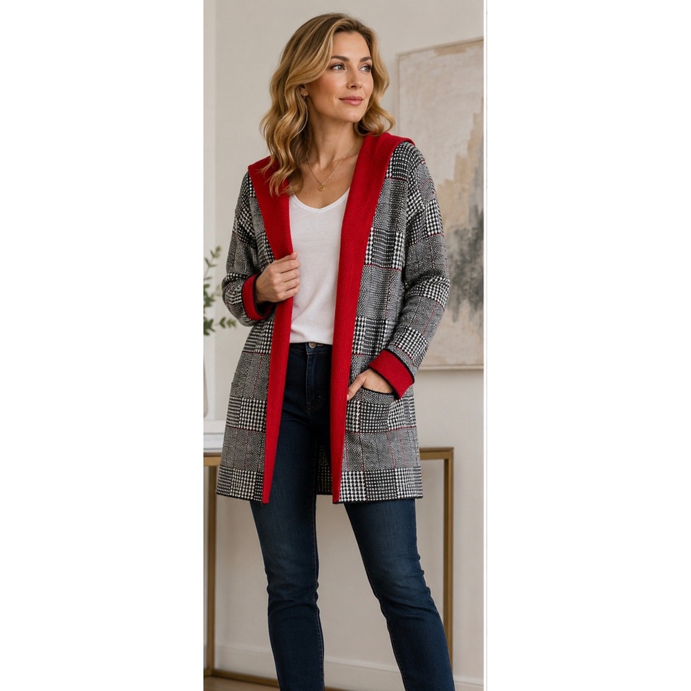 Bartolini Italy Wool Cashmere Plaid Hooded Cardigan Sweater Red Black XS
